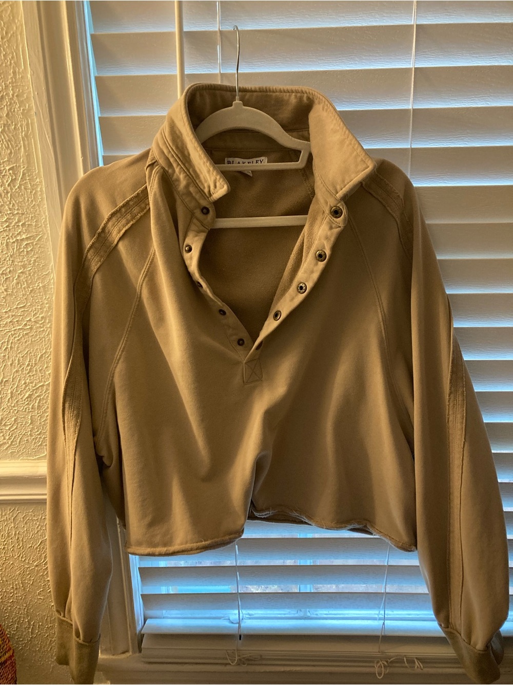 Relaxed Cropped Snap-Front Pullover Hoodie - Tan